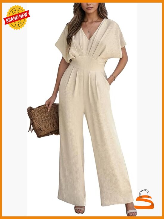 Pants - Wide Leg Jumpsuit V-Neck Batwing Short Sleeve Summer Casual Romper with Pockets